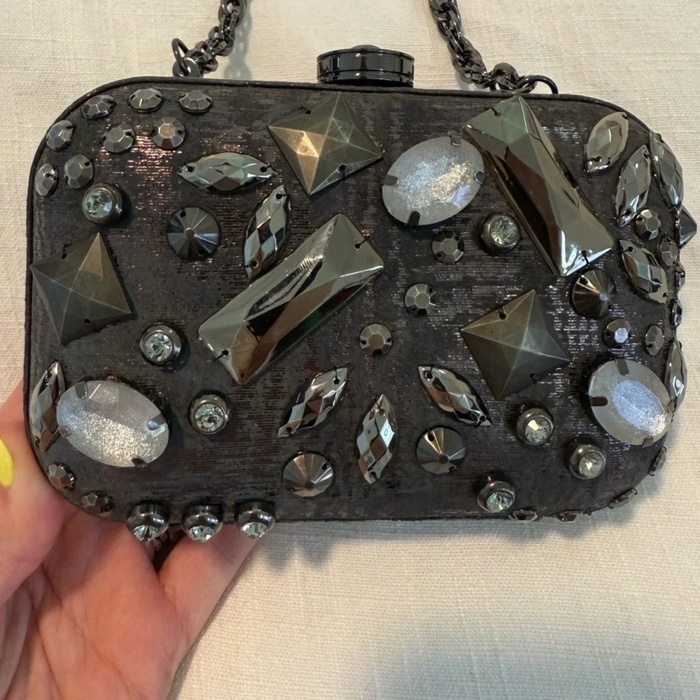 NWOT Rafe New York Minaudière Clutch Purse Graphite Embellished silver black